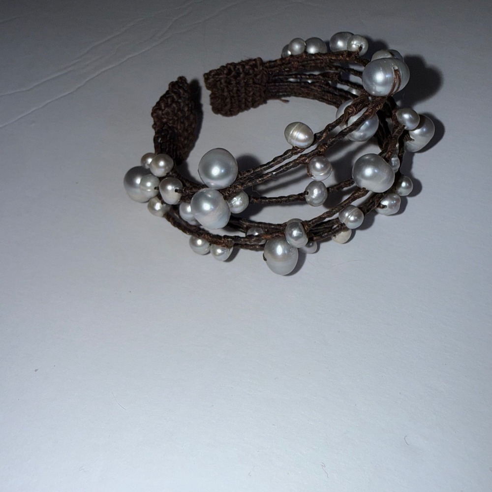 Baroque Freshwater Pearl Wrap Bracelet Brown Multi Strand Boho Coastal White - Picture 6 of 8
